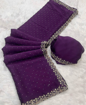 KanjiQueen Solid/Plain, Embellished Daily Wear Georgette, Silk Blend Saree(Magenta)