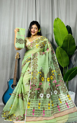 Pasum's Self Design, Hand Painted Jamdani Cotton Silk, Pure Cotton Saree(Light Green)
