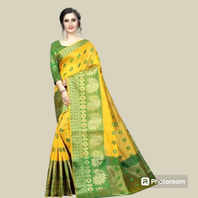 prasad fab Self Design Assam Silk Jacquard Saree(Yellow)