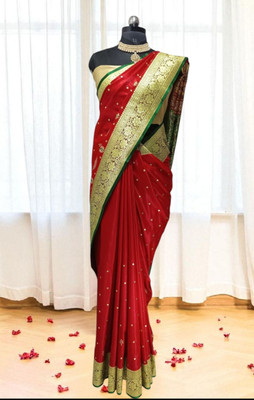 HouseOfCommon Woven Banarasi Handloom Silk Blend Saree(Red)