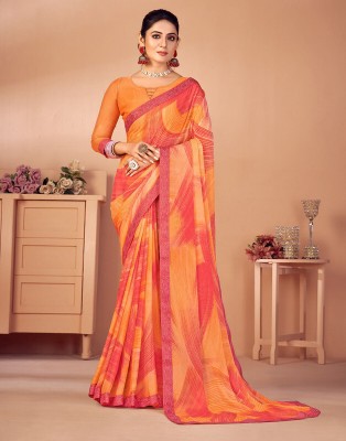 Divastri Geometric Print, Printed, Embellished Bollywood Chiffon Saree(Orange, Pink)