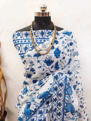 Gajal Printed Kanjivaram Linen, Cotton Linen Saree(White)