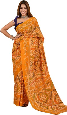 Craftmusium Printed, Color Block, Blocked Printed, Dyed Bandhani Pure Cotton Saree(Yellow)