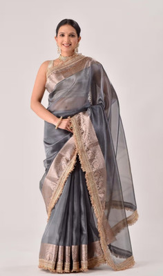 Banaras silk palace Embellished Banarasi Tissue Saree(Grey)