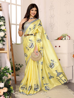 YASHIKA Printed Kalamkari Silk Blend, Art Silk Saree(Yellow)