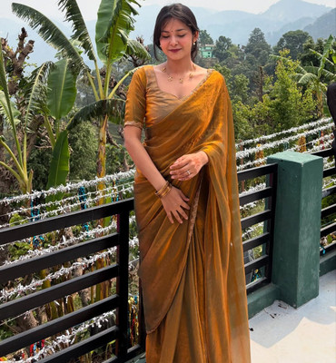Celeb Styles Embroidered, Embellished Bollywood Jimmy choo Saree(Gold, Blue)