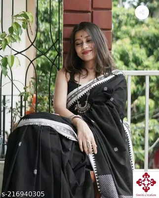 SMRITI HANDLOOM Self Design Handloom Cotton Blend Saree(Black)