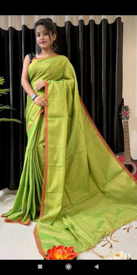 BiswasTextiles Self Design Handloom Cotton Blend Saree(Light Green)