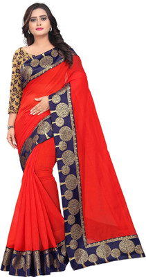 RAJESHWAR FASHION Self Design, Woven, Embellished, Dyed, Solid/Plain Bollywood Cotton Blend, Chanderi Saree(Red)