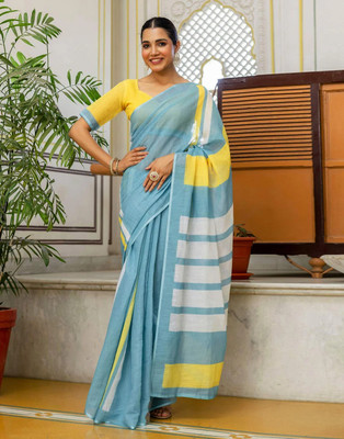 Shubharam Floral Print, Printed Bollywood Linen, Cotton Blend Saree(Light Blue)