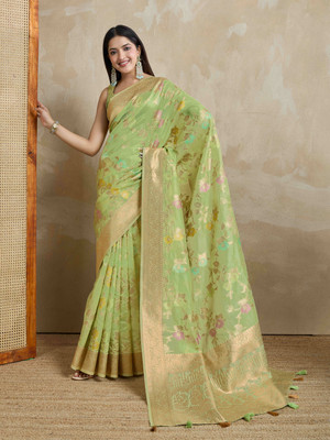 Tasrika Woven Banarasi Organza Saree(Green)
