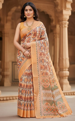 KalaKatha Digital Print Bollywood Cotton Silk Saree(Orange)