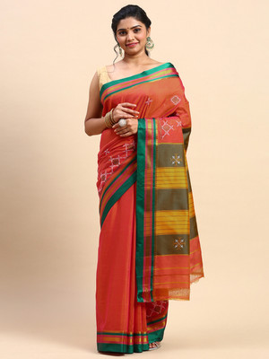 ITARA Self Design Handloom Handloom Cotton Blend Saree(Orange)