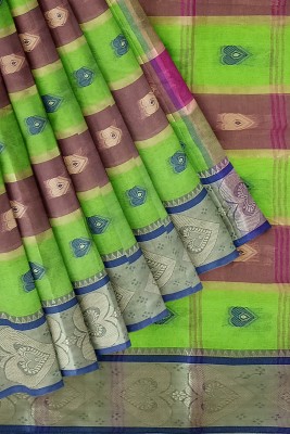 PRANATI ENTERPRISE Woven Tant Pure Cotton Saree(Green, Pink)