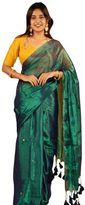 ANU INDIAN FASHION Self Design, Woven Handloom Cotton Blend Saree(Dark Green)