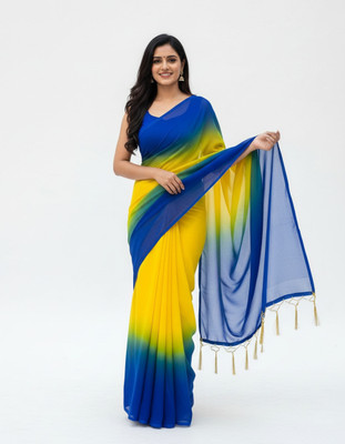 KHODIYAR ENTERPRISE Color Block Bollywood Georgette Saree(Yellow)