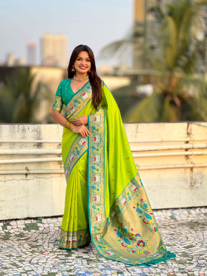 all about you Woven Paithani Silk Blend Saree(Green)