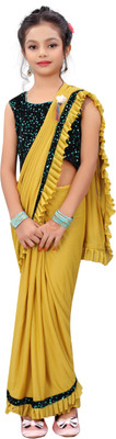 VRAJTEX FAB Solid/Plain Bollywood Lycra Blend Saree(Yellow)