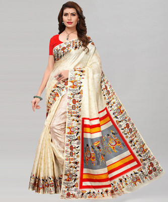 Samah Printed Banarasi Silk Blend Saree(Red, White)
