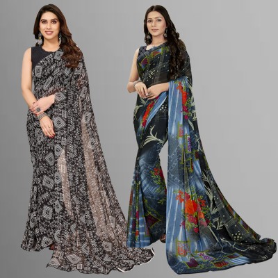 Anand Sarees Floral Print, Polka Print, Ombre, Printed Bollywood Georgette Saree(Pack of 2, Grey, Blue, Black)