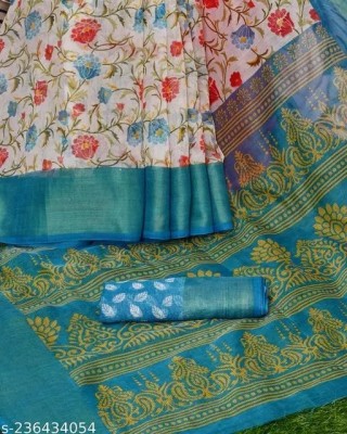 Vragi Floral Print Bollywood Cotton Blend, Brasso Saree(Light Blue)