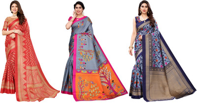 YASHIKA Printed, Woven Kanjivaram Art Silk Saree(Pack of 3, Red, Grey, Blue)