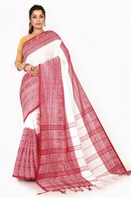 RRBB Self Design Handloom Pure Cotton Saree(White)