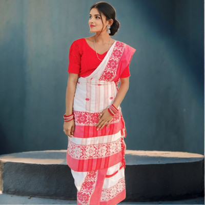 Prithvi Animal Print Handloom Pure Cotton Saree(White)