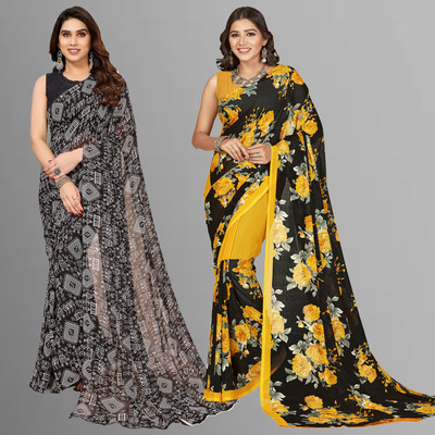 Anand Sarees Floral Print, Polka Print, Ombre, Printed Bollywood Georgette Saree(Pack of 2, Yellow, Black)