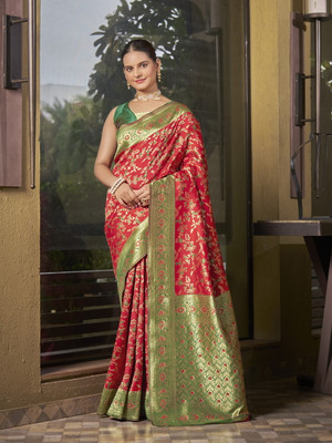 Sariya Woven Banarasi Jacquard, Silk Blend Saree(Red)