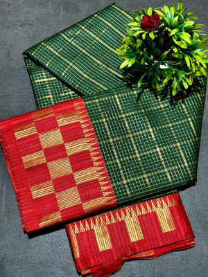 JbWorld Self Design, Woven, Checkered Chettinadu Cotton Silk, Pure Silk Saree(Dark Green, Red)