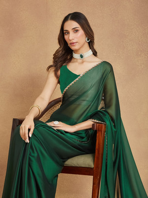 Croza Self Design Bollywood Satin Saree(Dark Green)
