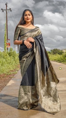 Dhami Woven Kanjivaram Pure Silk, Art Silk Saree(Black)