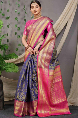 SGF11 Self Design Handloom Art Silk Saree(Dark Blue)