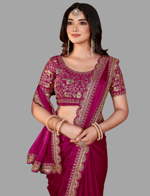 DHARMEE Embellished, Self Design, Solid/Plain, Applique, Woven, Embroidered Bollywood Silk Blend, Lace Saree(Magenta)