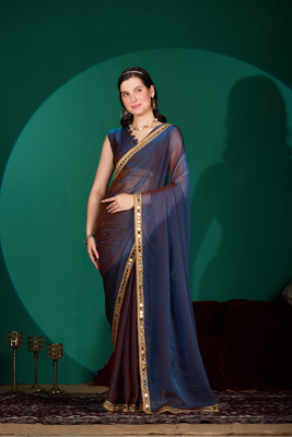 NQUEEN Solid/Plain Bollywood Organza Saree(Dark Blue)