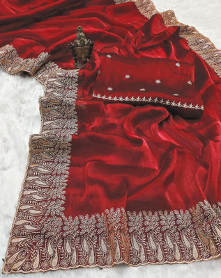 The White Rabbit Embroidered, Paisley Bollywood Chiffon Saree(Red)
