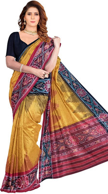 handloom paridhaan Temple Border, Hand Painted Handloom Pure Cotton Saree(Yellow, Red)