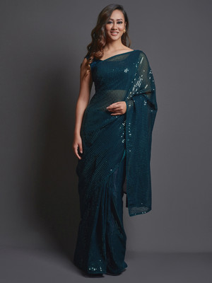 Divastri Embellished Bollywood Georgette Saree(Light Blue)
