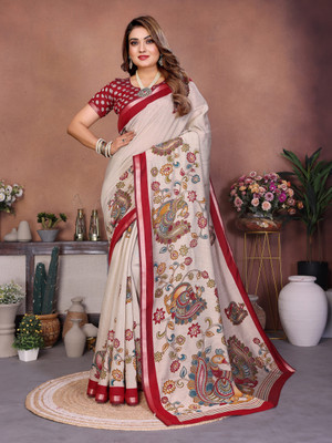 Sarly Printed Bollywood Cotton Blend Saree(Cream)