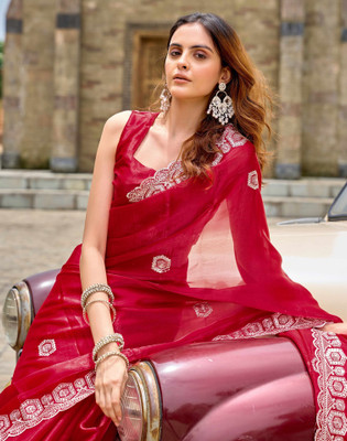 Satrani Embroidered, Embellished Bollywood Jimmy choo, Tissue Saree(Red)