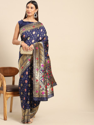 Sareemall Woven Banarasi Silk Blend Saree(Dark Blue)