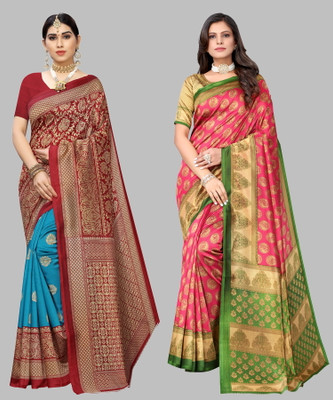YASHIKA Printed, Self Design Kalamkari Art Silk Saree(Pack of 2, Light Green, Pink)