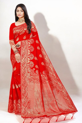 Pikham Self Design Banarasi Art Silk Saree(Red)