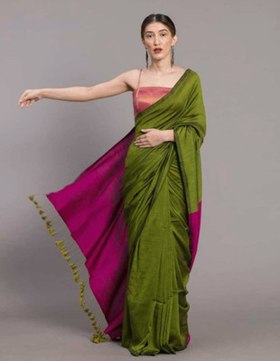 RIDDHIMAN FASHION Solid/Plain Handloom Cotton Blend Saree(Green, Magenta)