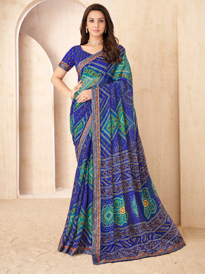 LeeliPeeri Designer Printed Bandhani Chiffon Saree(Blue)