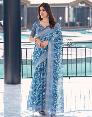 Samah Floral Print, Embellished, Printed Daily Wear Cotton Silk, Cotton Blend Saree(Blue)
