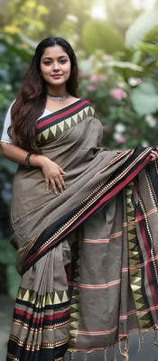 AKfasionN Solid/Plain, Geometric Print, Striped, Woven Handloom Cotton Blend Saree(Brown)