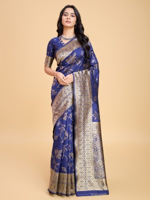 RICH & ROMAN Embellished, Woven Banarasi Jacquard, Pure Silk Saree(Blue)