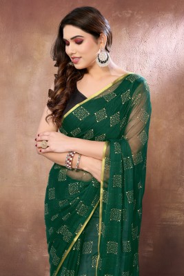 FABMORA Printed Daily Wear Chiffon Saree(Dark Green)